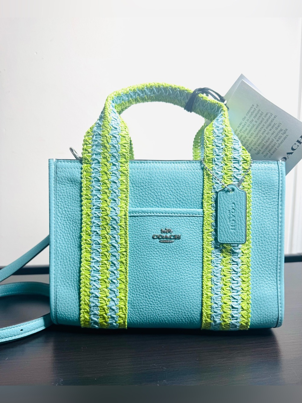 Coach Smith Tote Bag 24 Light Turquoise  straw webbing New NWT